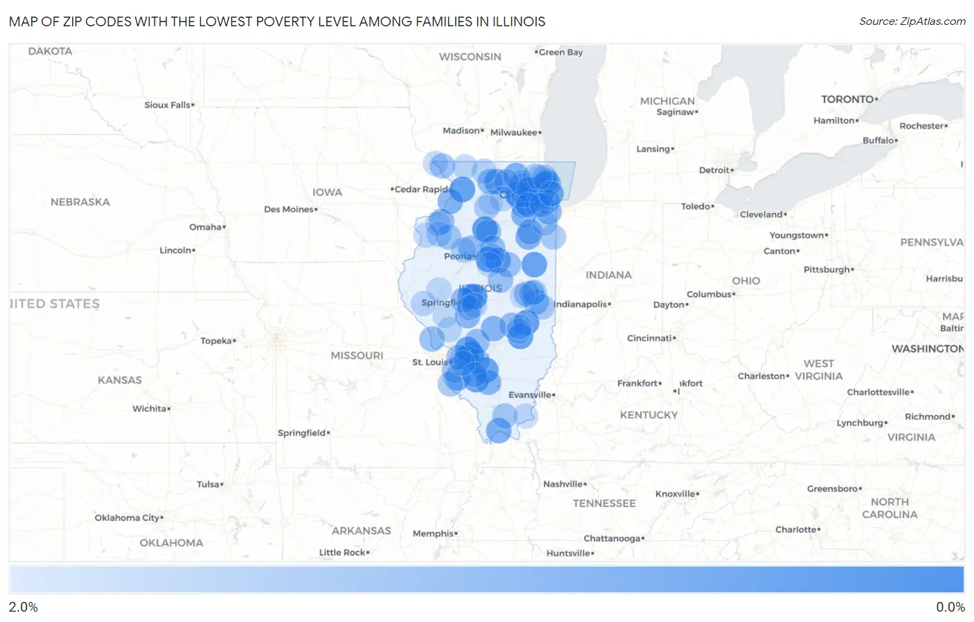 Zip Codes with the Lowest Poverty Level Among Families in Illinois Map