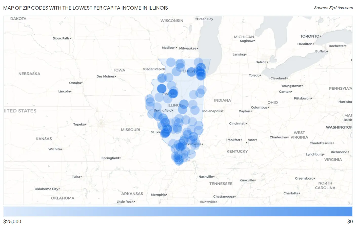 Zip Codes with the Lowest Per Capita Income in Illinois Map