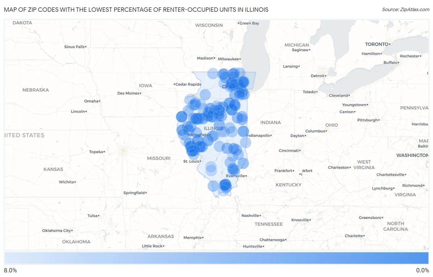 Zip Codes with the Lowest Percentage of Renter-Occupied Units in Illinois Map