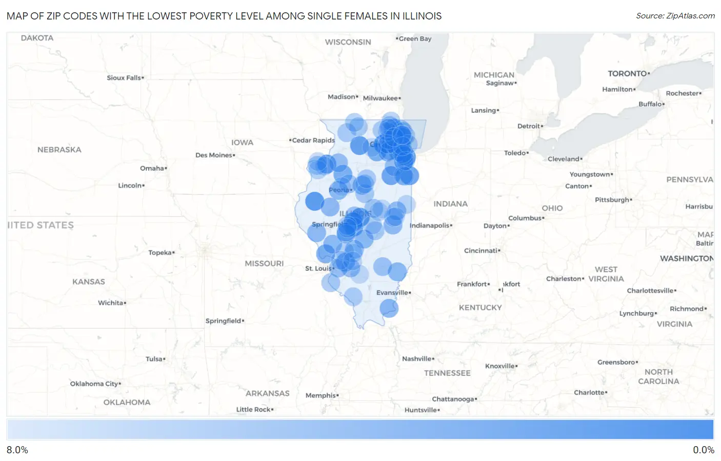 Zip Codes with the Lowest Poverty Level Among Single Females in Illinois Map
