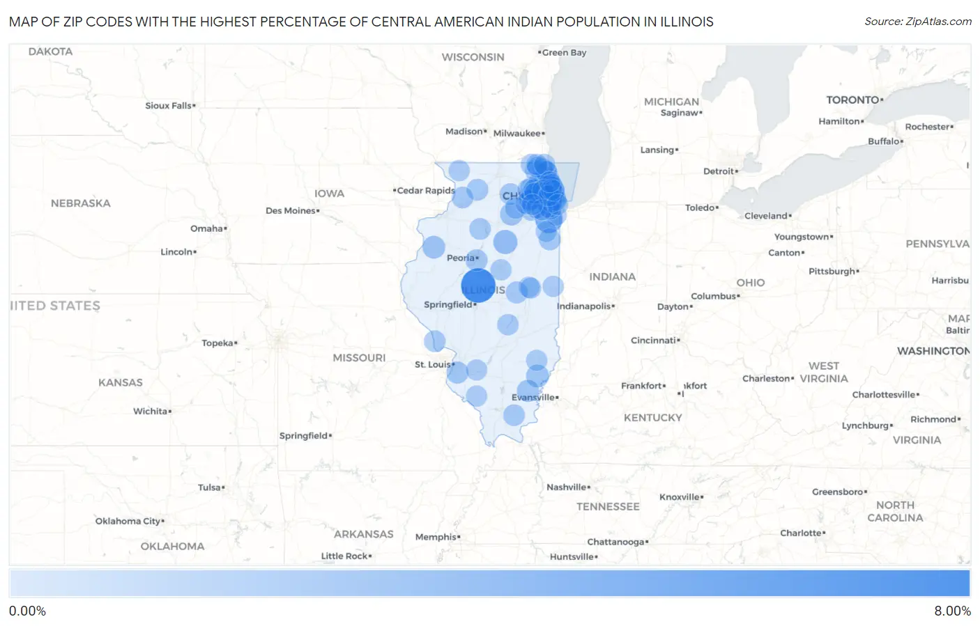 Zip Codes with the Highest Percentage of Central American Indian Population in Illinois Map