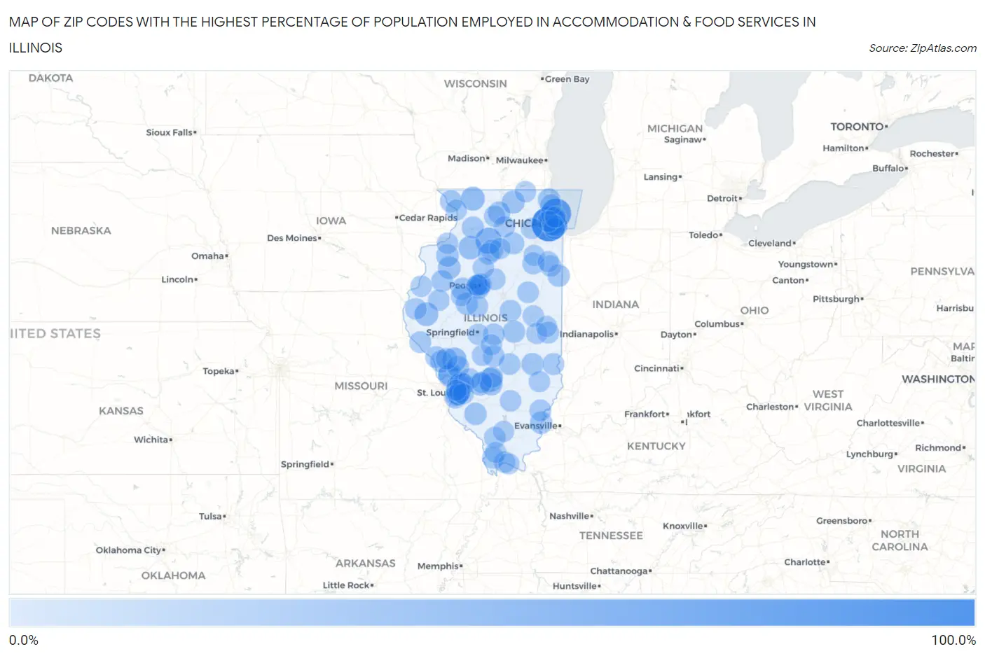 Zip Codes with the Highest Percentage of Population Employed in Accommodation & Food Services in Illinois Map