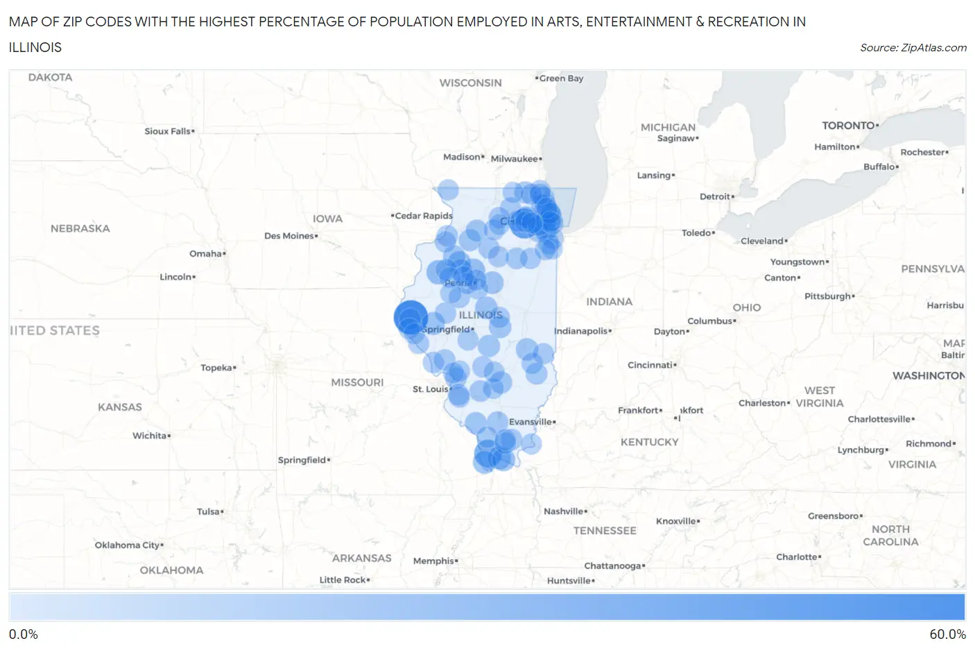 Zip Codes with the Highest Percentage of Population Employed in Arts, Entertainment & Recreation in Illinois Map