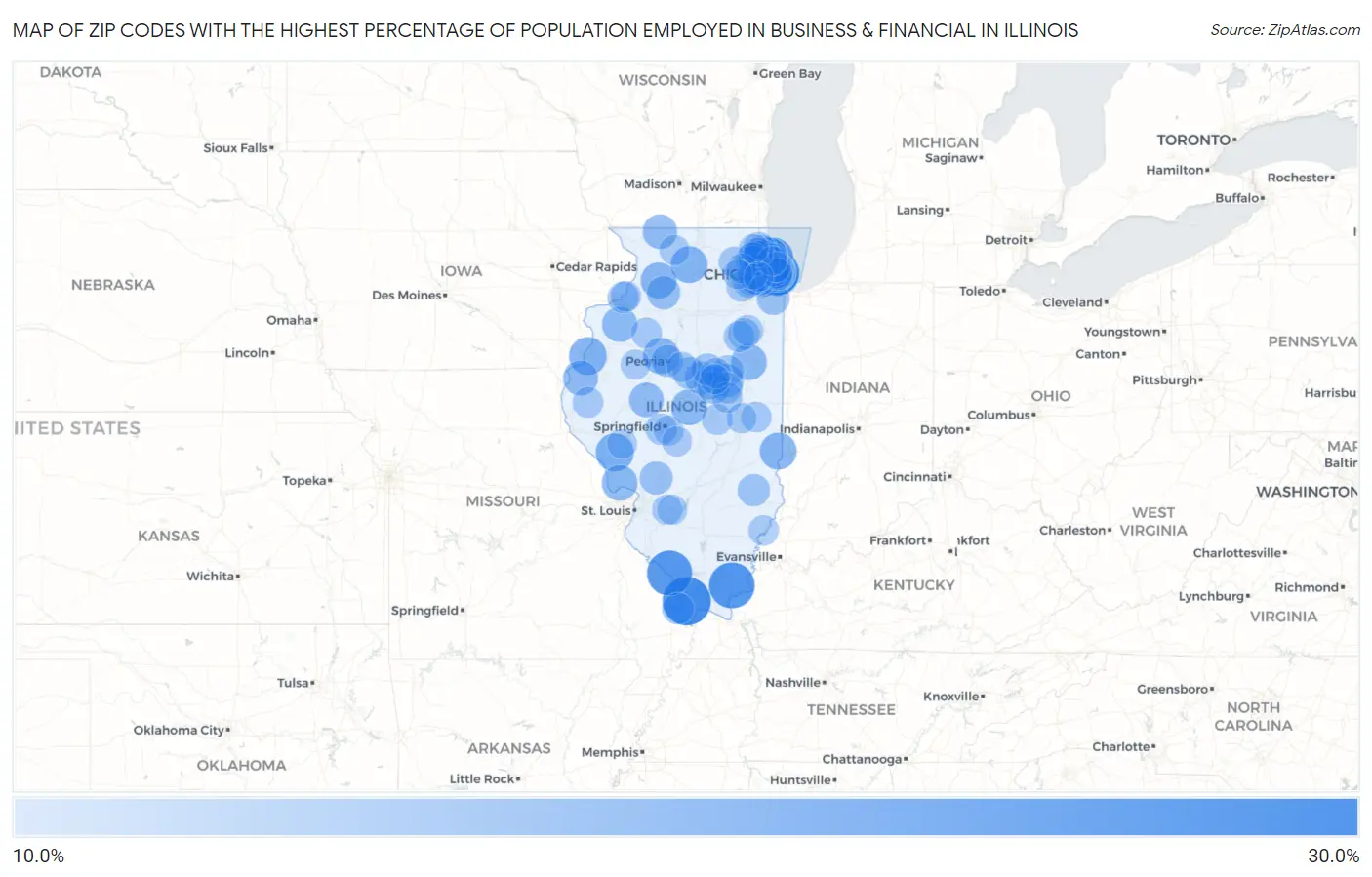 Zip Codes with the Highest Percentage of Population Employed in Business & Financial in Illinois Map