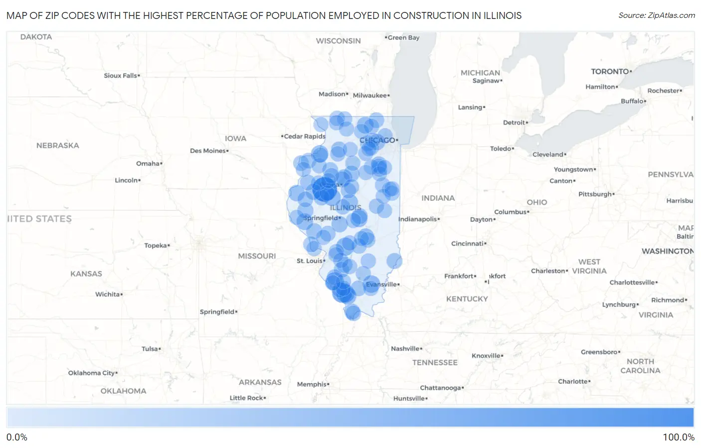Zip Codes with the Highest Percentage of Population Employed in Construction in Illinois Map