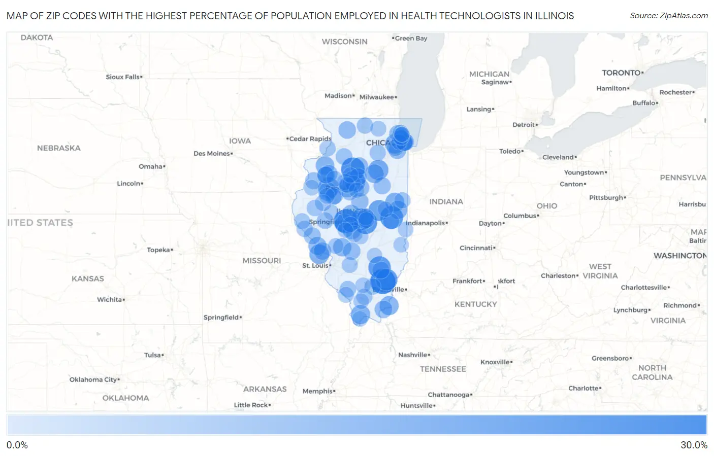 Zip Codes with the Highest Percentage of Population Employed in Health Technologists in Illinois Map