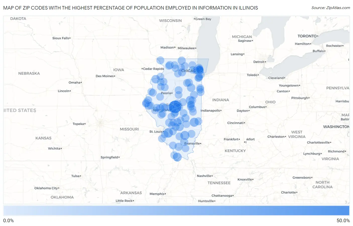 Zip Codes with the Highest Percentage of Population Employed in Information in Illinois Map