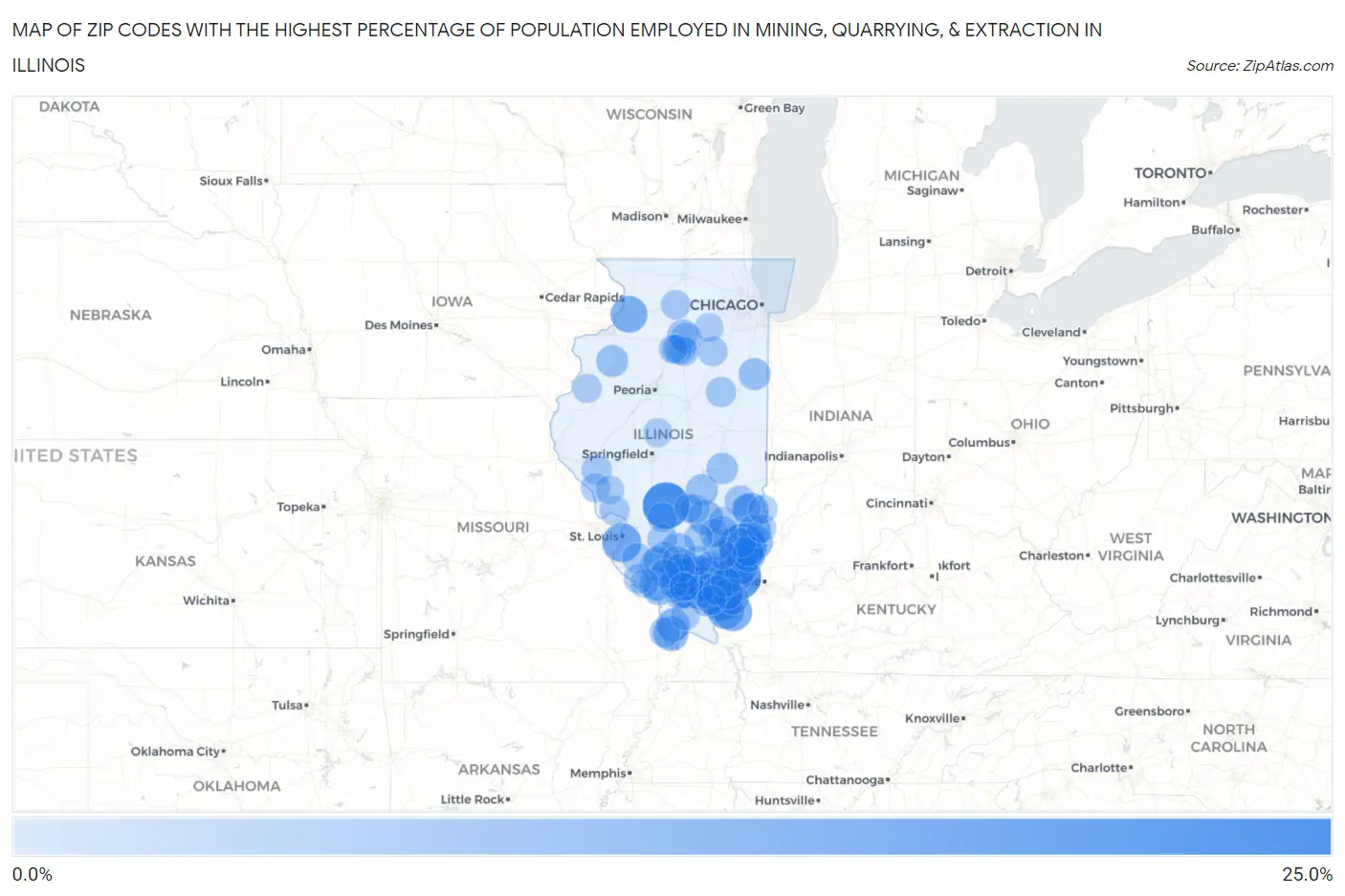 Zip Codes with the Highest Percentage of Population Employed in Mining, Quarrying, & Extraction in Illinois Map