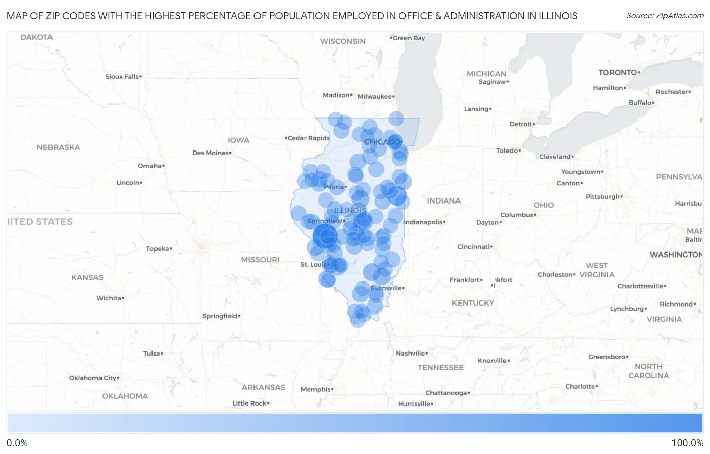 Zip Codes with the Highest Percentage of Population Employed in Office & Administration in Illinois Map