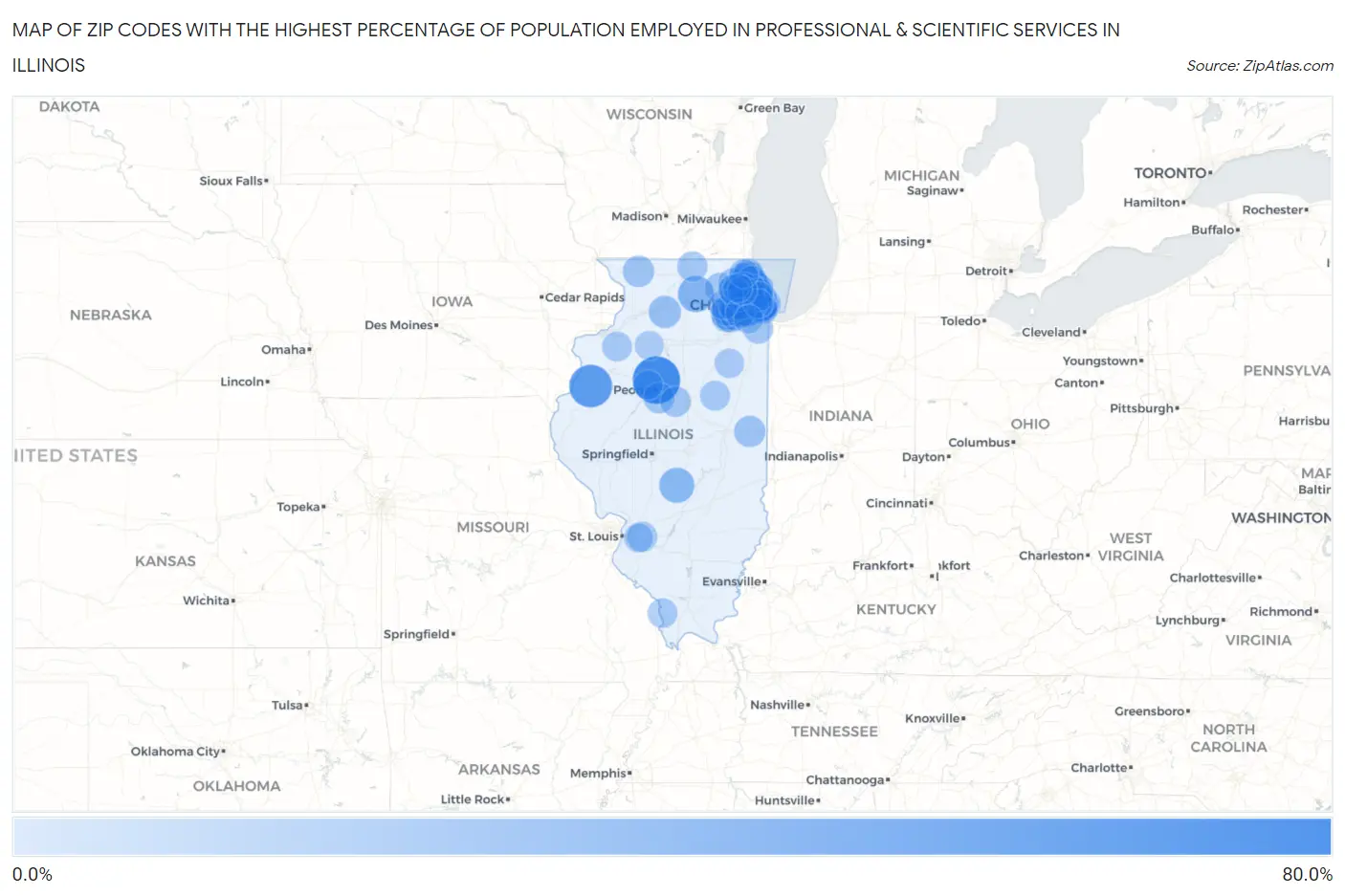 Zip Codes with the Highest Percentage of Population Employed in Professional & Scientific Services in Illinois Map