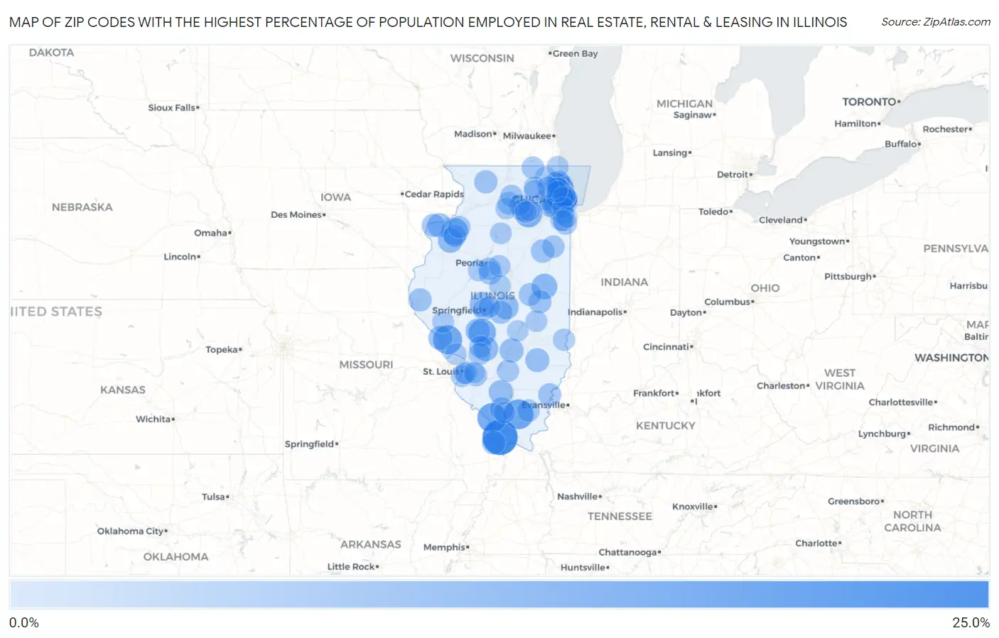 Zip Codes with the Highest Percentage of Population Employed in Real Estate, Rental & Leasing in Illinois Map