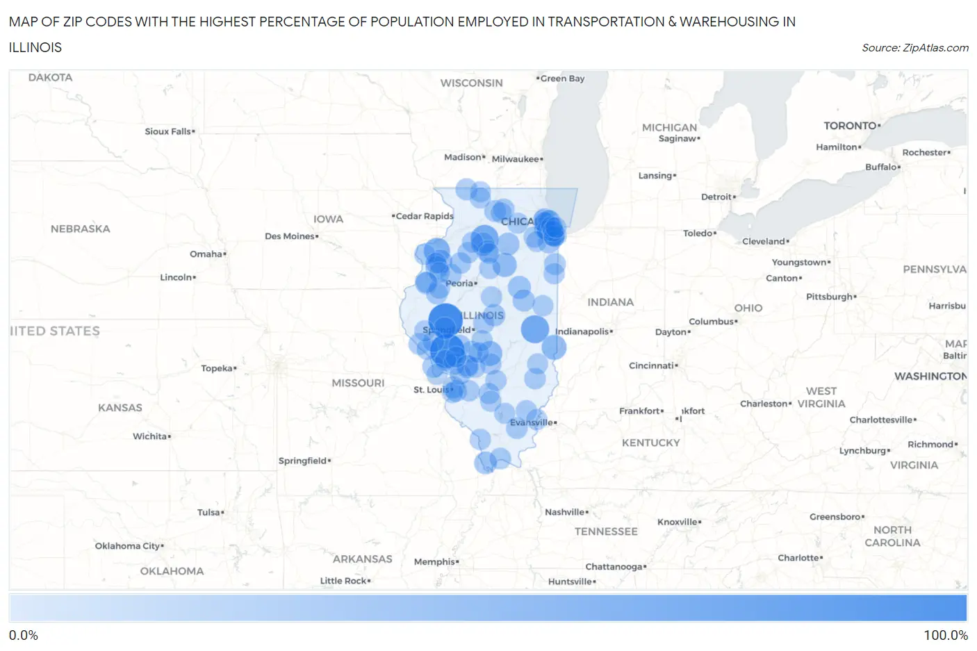 Zip Codes with the Highest Percentage of Population Employed in Transportation & Warehousing in Illinois Map