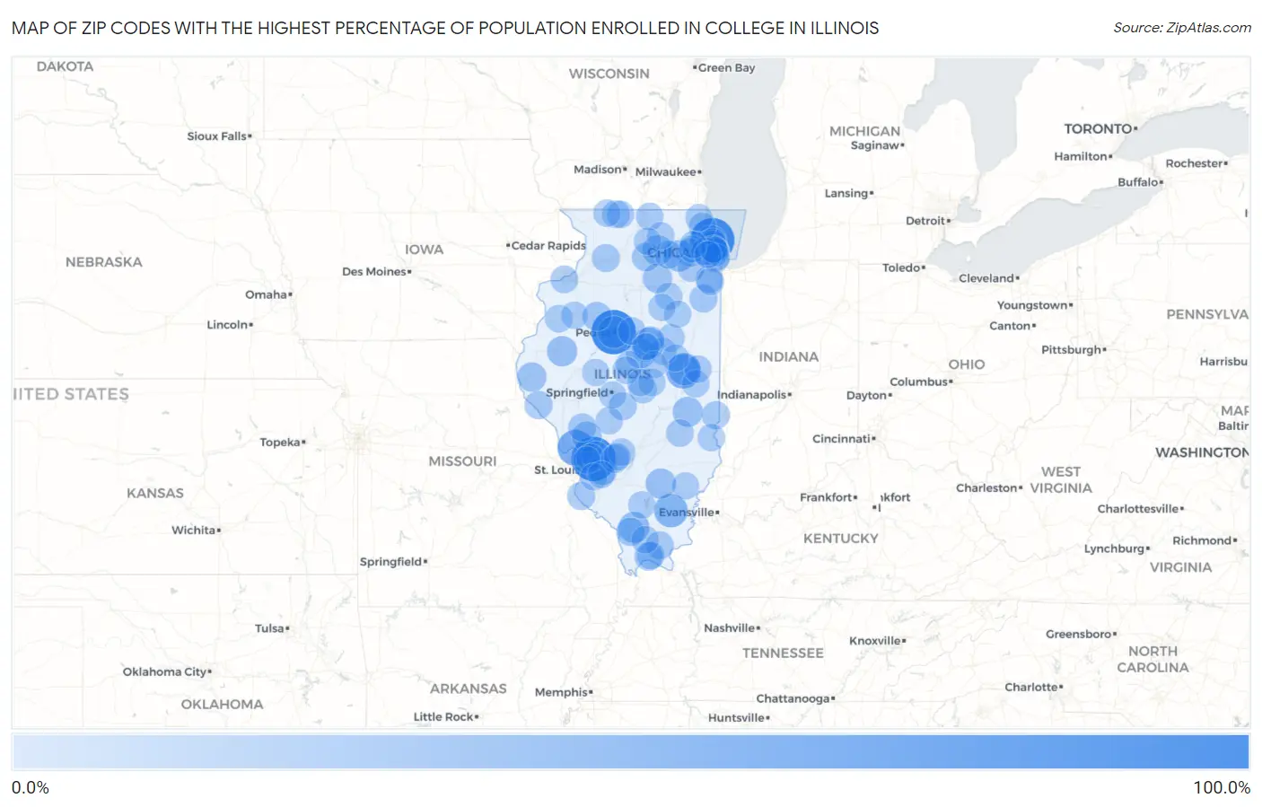 Zip Codes with the Highest Percentage of Population Enrolled in College in Illinois Map