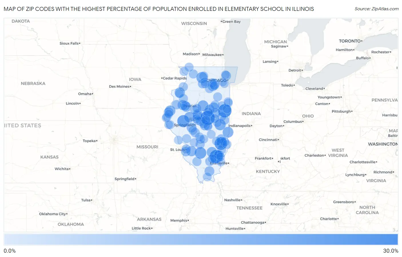 Zip Codes with the Highest Percentage of Population Enrolled in Elementary School in Illinois Map