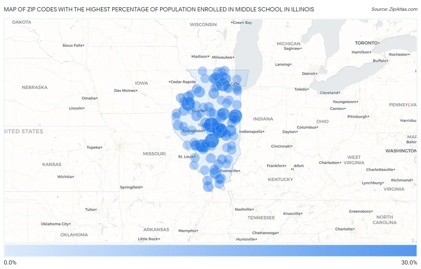 Zip Codes with the Highest Percentage of Population Enrolled in Middle School in Illinois Map