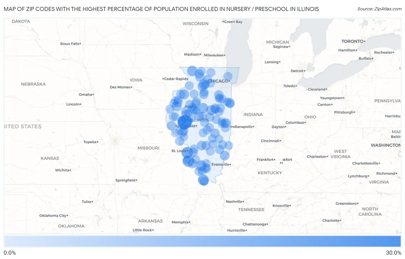 Zip Codes with the Highest Percentage of Population Enrolled in Nursery / Preschool in Illinois Map