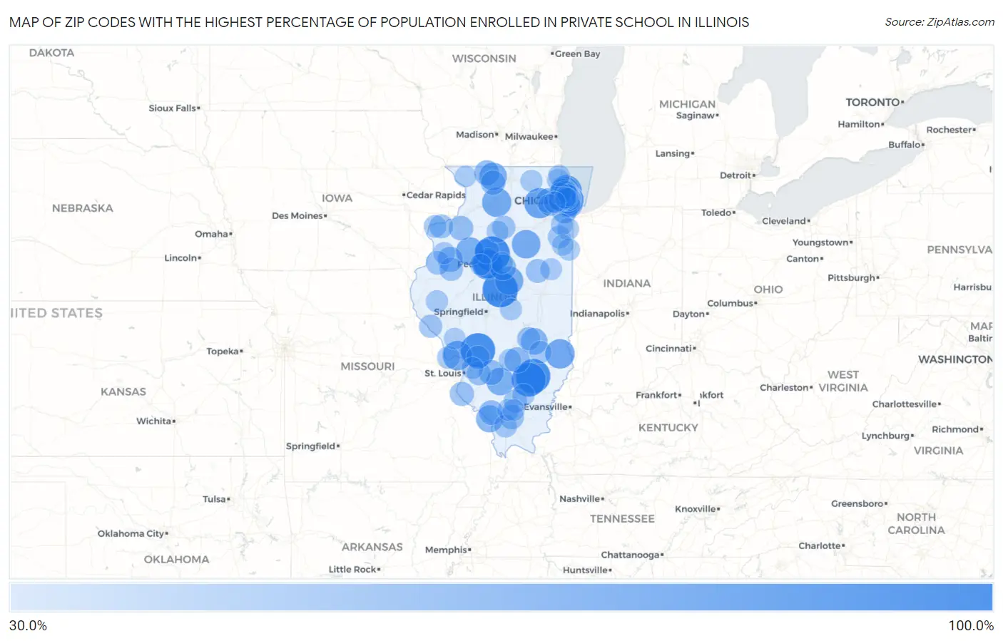 Zip Codes with the Highest Percentage of Population Enrolled in Private School in Illinois Map