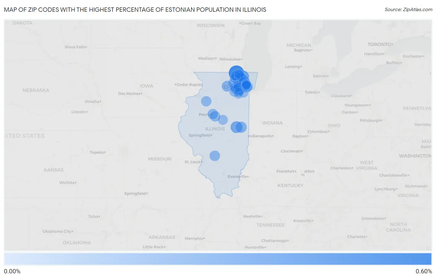 Zip Codes with the Highest Percentage of Estonian Population in Illinois Map