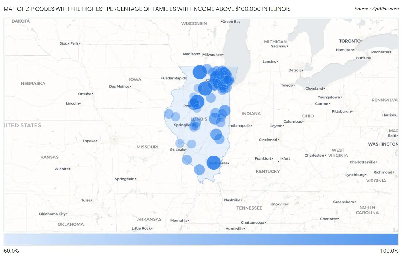 Zip Codes with the Highest Percentage of Families with Income Above $100,000 in Illinois Map