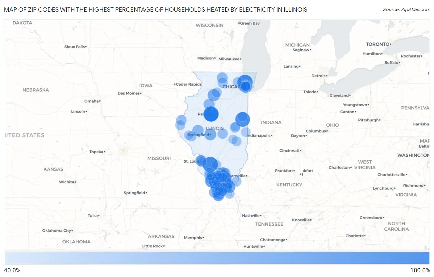 Zip Codes with the Highest Percentage of Households Heated by Electricity in Illinois Map