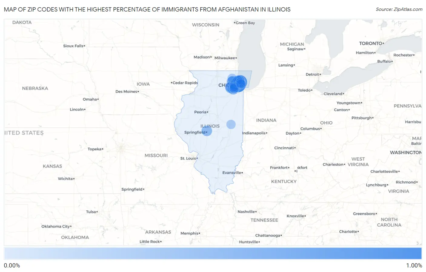 Zip Codes with the Highest Percentage of Immigrants from Afghanistan in Illinois Map