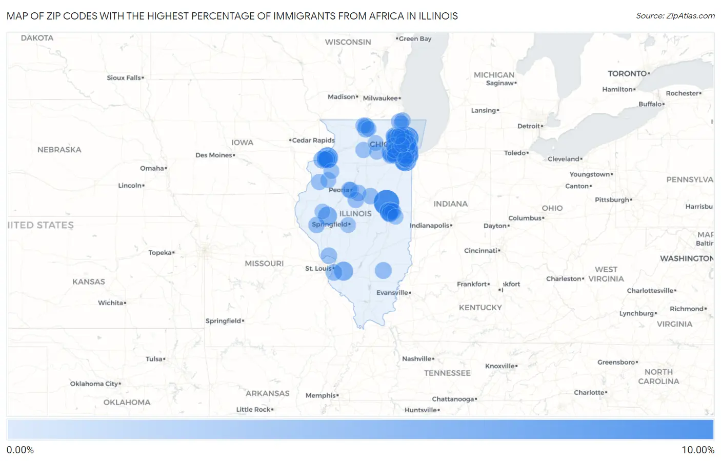 Zip Codes with the Highest Percentage of Immigrants from Africa in Illinois Map