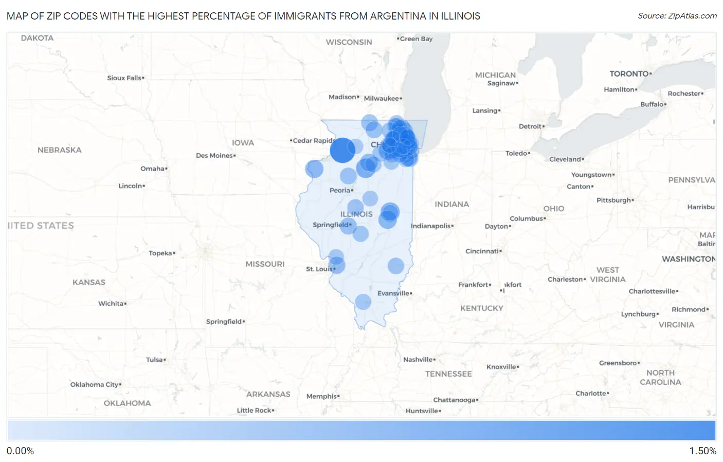 Zip Codes with the Highest Percentage of Immigrants from Argentina in Illinois Map