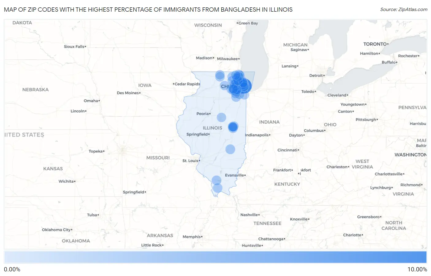 Zip Codes with the Highest Percentage of Immigrants from Bangladesh in Illinois Map