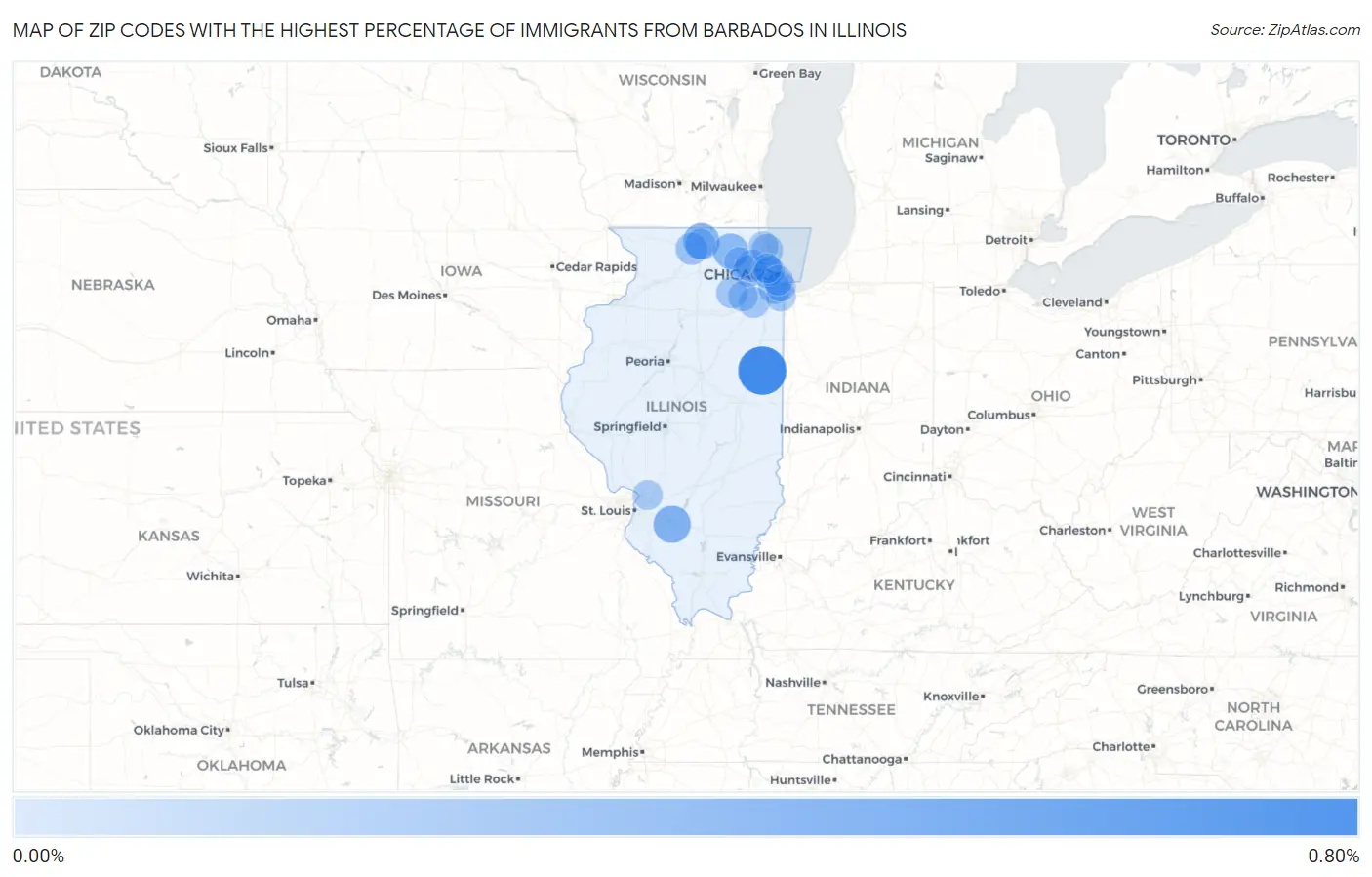 Zip Codes with the Highest Percentage of Immigrants from Barbados in Illinois Map