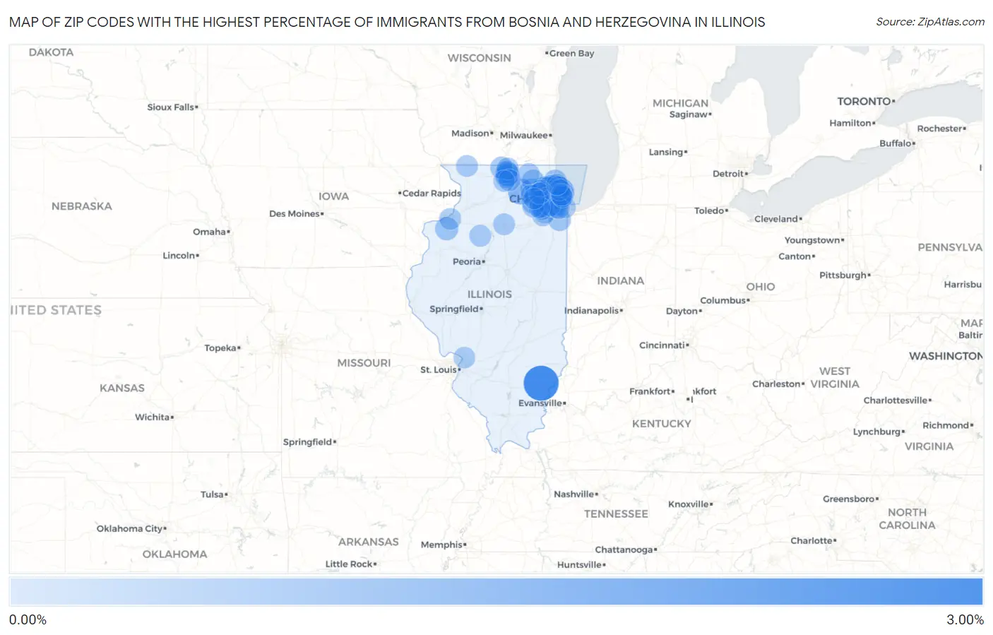Zip Codes with the Highest Percentage of Immigrants from Bosnia and Herzegovina in Illinois Map