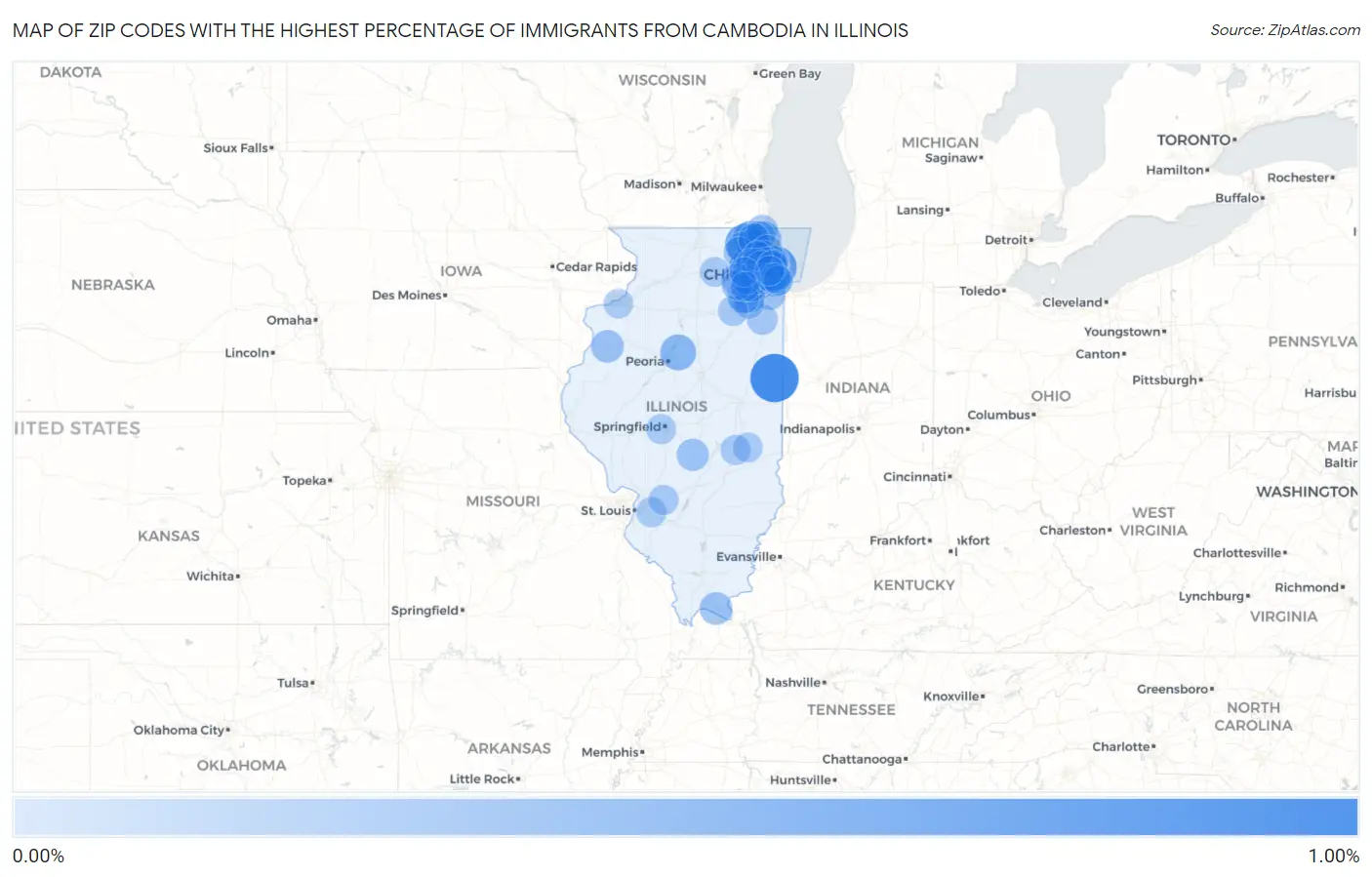 Zip Codes with the Highest Percentage of Immigrants from Cambodia in Illinois Map