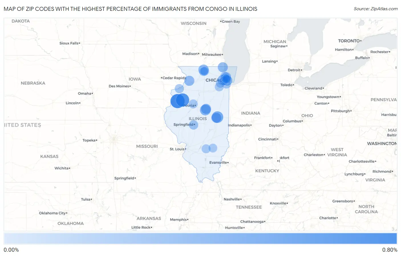 Zip Codes with the Highest Percentage of Immigrants from Congo in Illinois Map