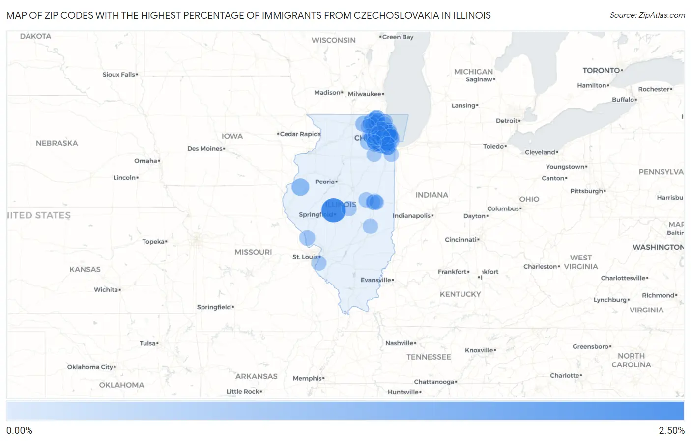 Zip Codes with the Highest Percentage of Immigrants from Czechoslovakia in Illinois Map