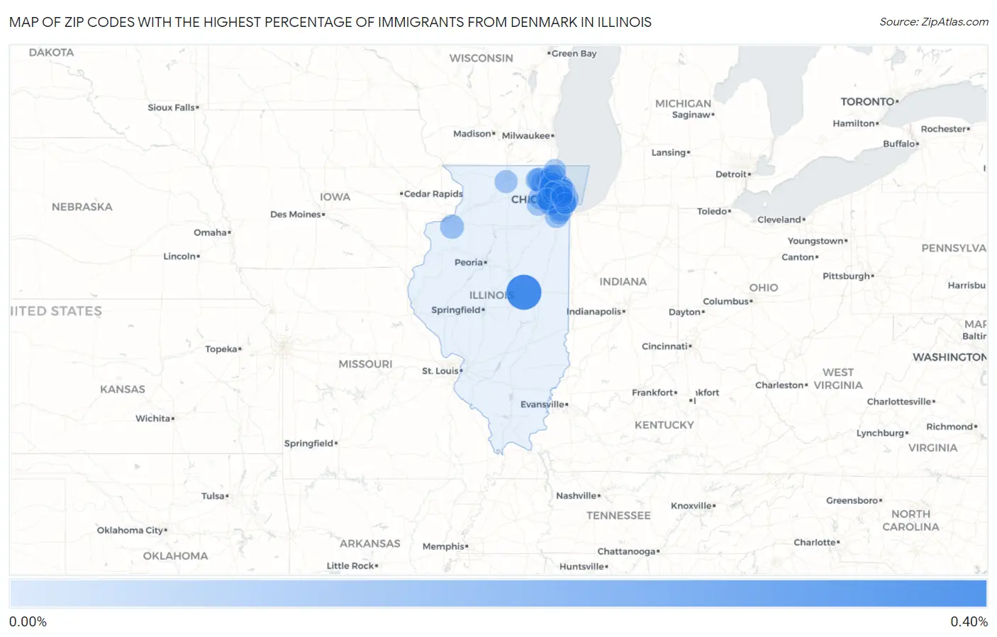 Zip Codes with the Highest Percentage of Immigrants from Denmark in Illinois Map