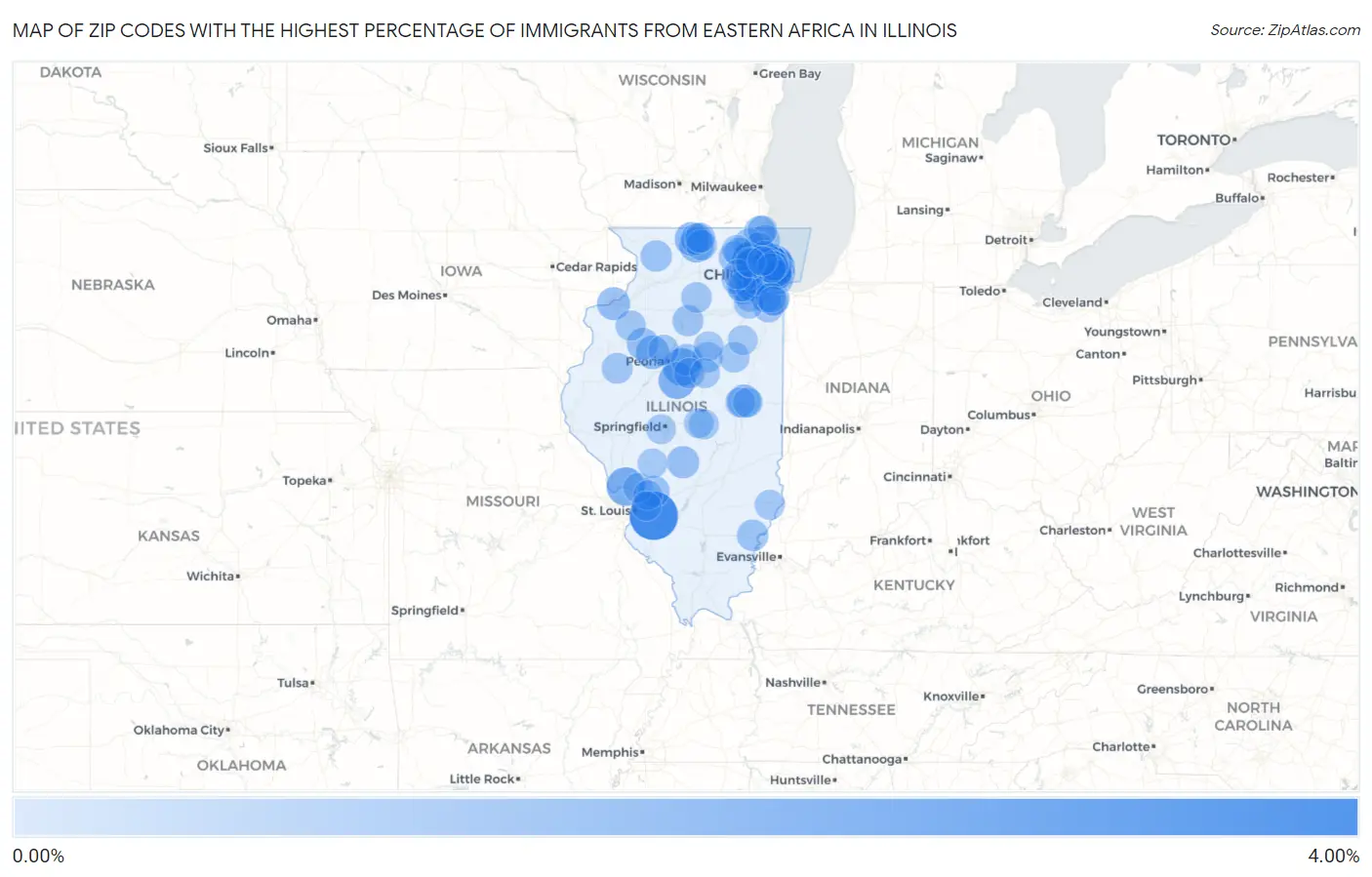 Zip Codes with the Highest Percentage of Immigrants from Eastern Africa in Illinois Map