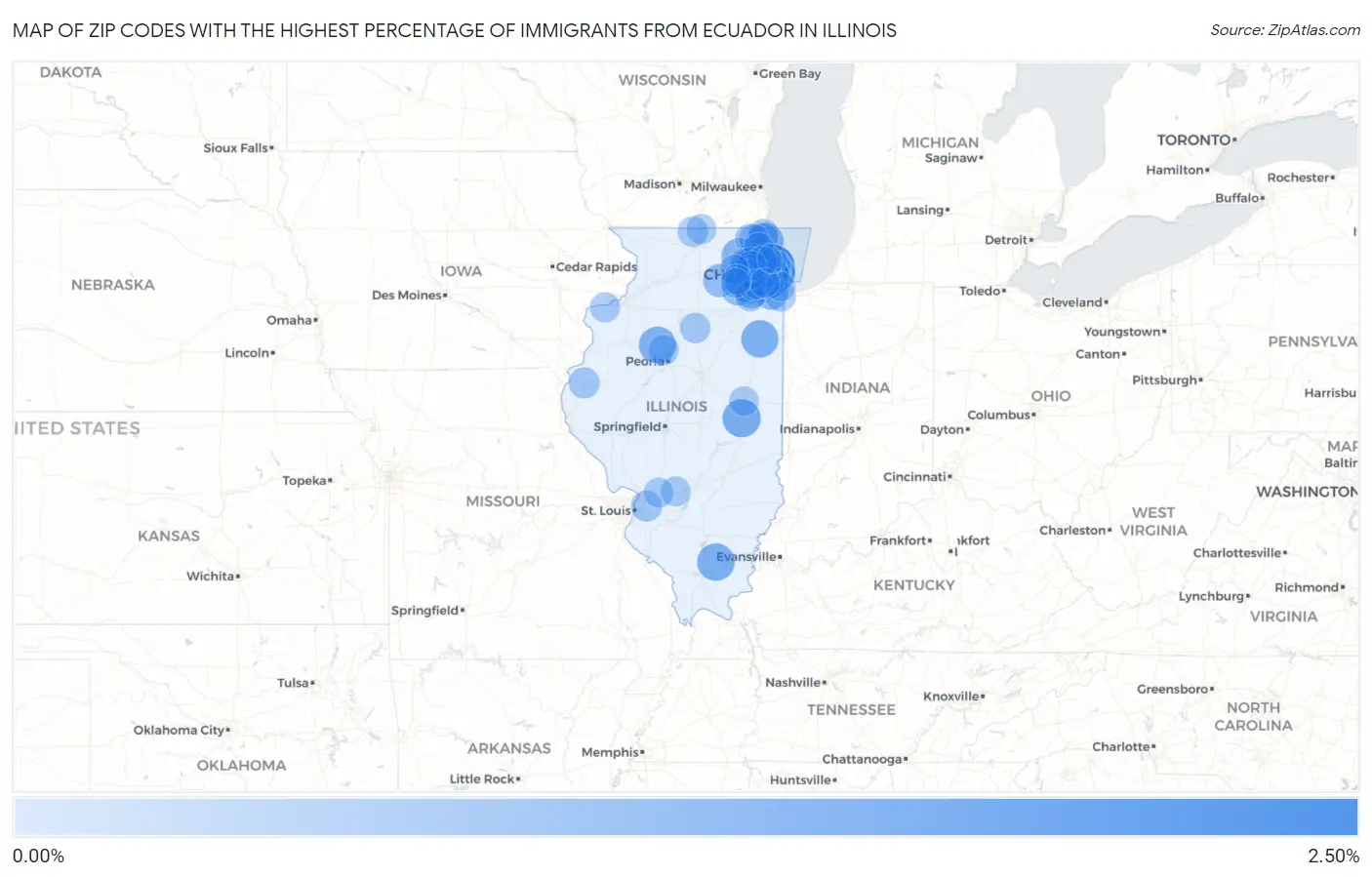 Zip Codes with the Highest Percentage of Immigrants from Ecuador in Illinois Map