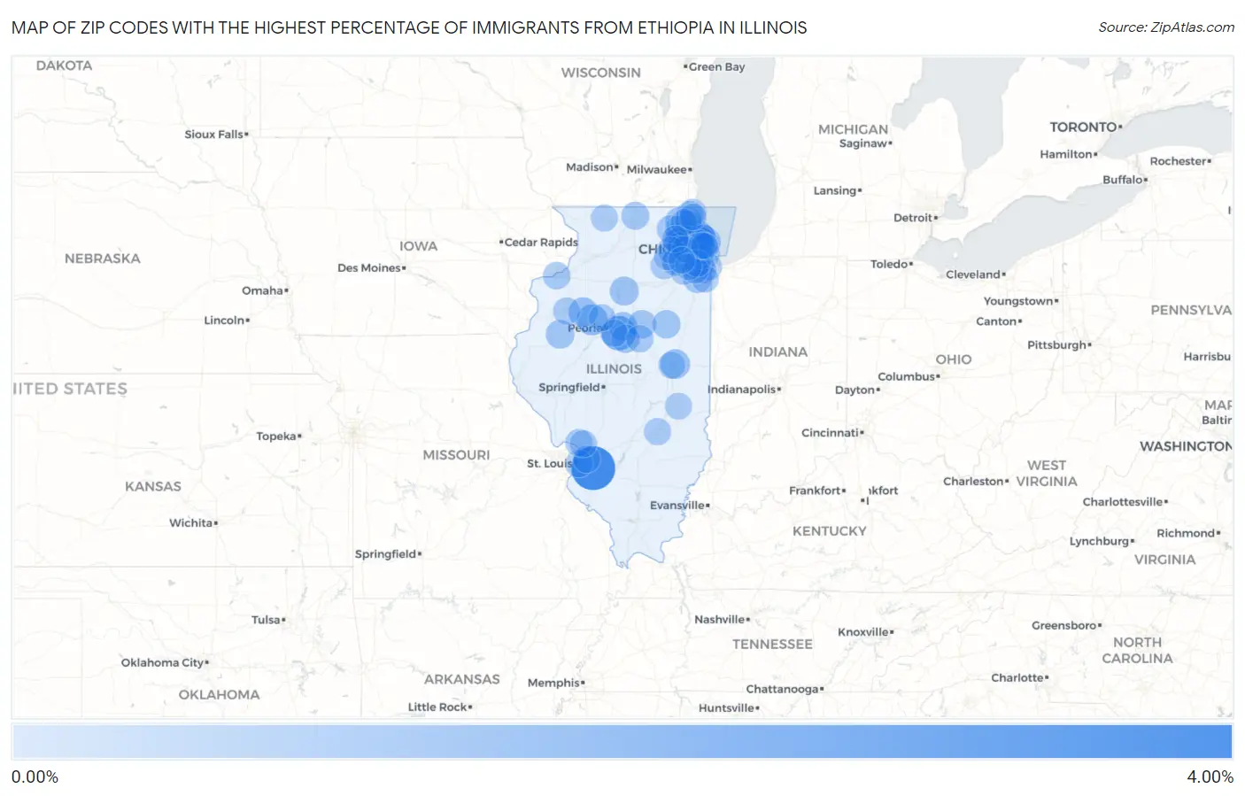 Zip Codes with the Highest Percentage of Immigrants from Ethiopia in Illinois Map