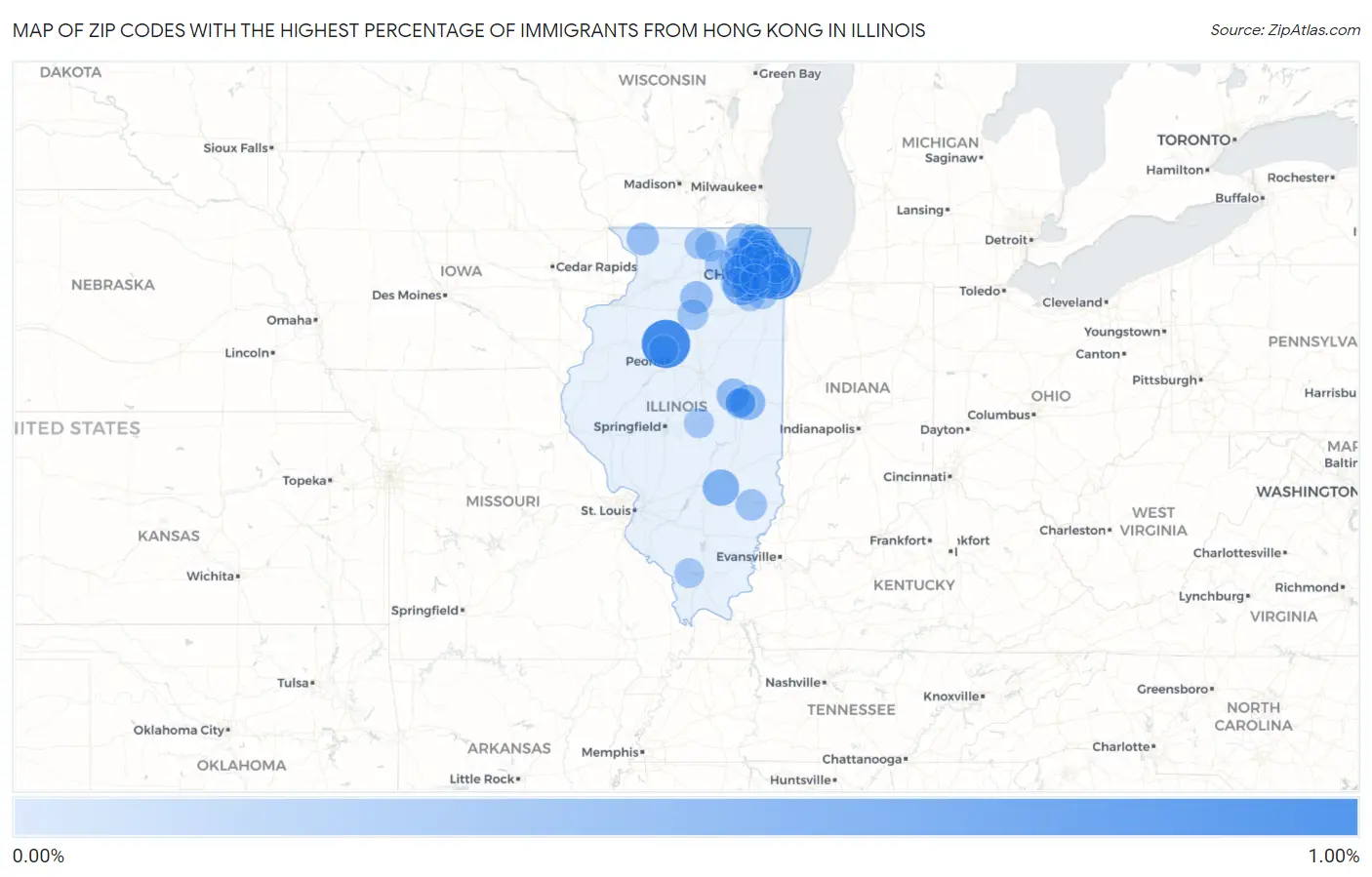 Zip Codes with the Highest Percentage of Immigrants from Hong Kong in Illinois Map
