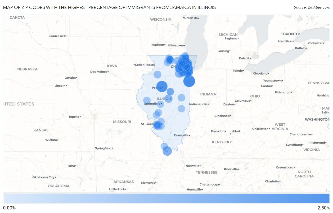 Zip Codes with the Highest Percentage of Immigrants from Jamaica in Illinois Map