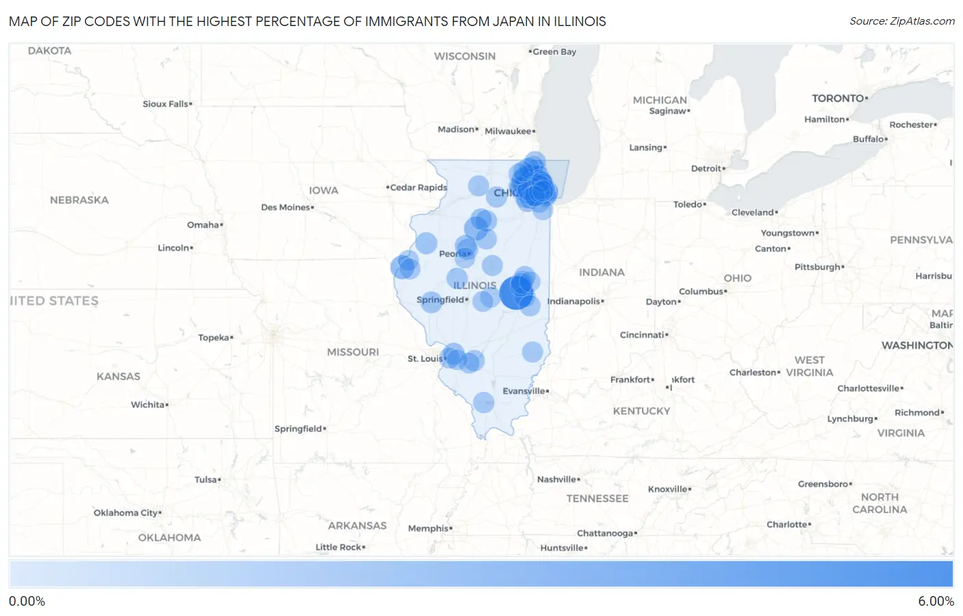 Zip Codes with the Highest Percentage of Immigrants from Japan in Illinois Map