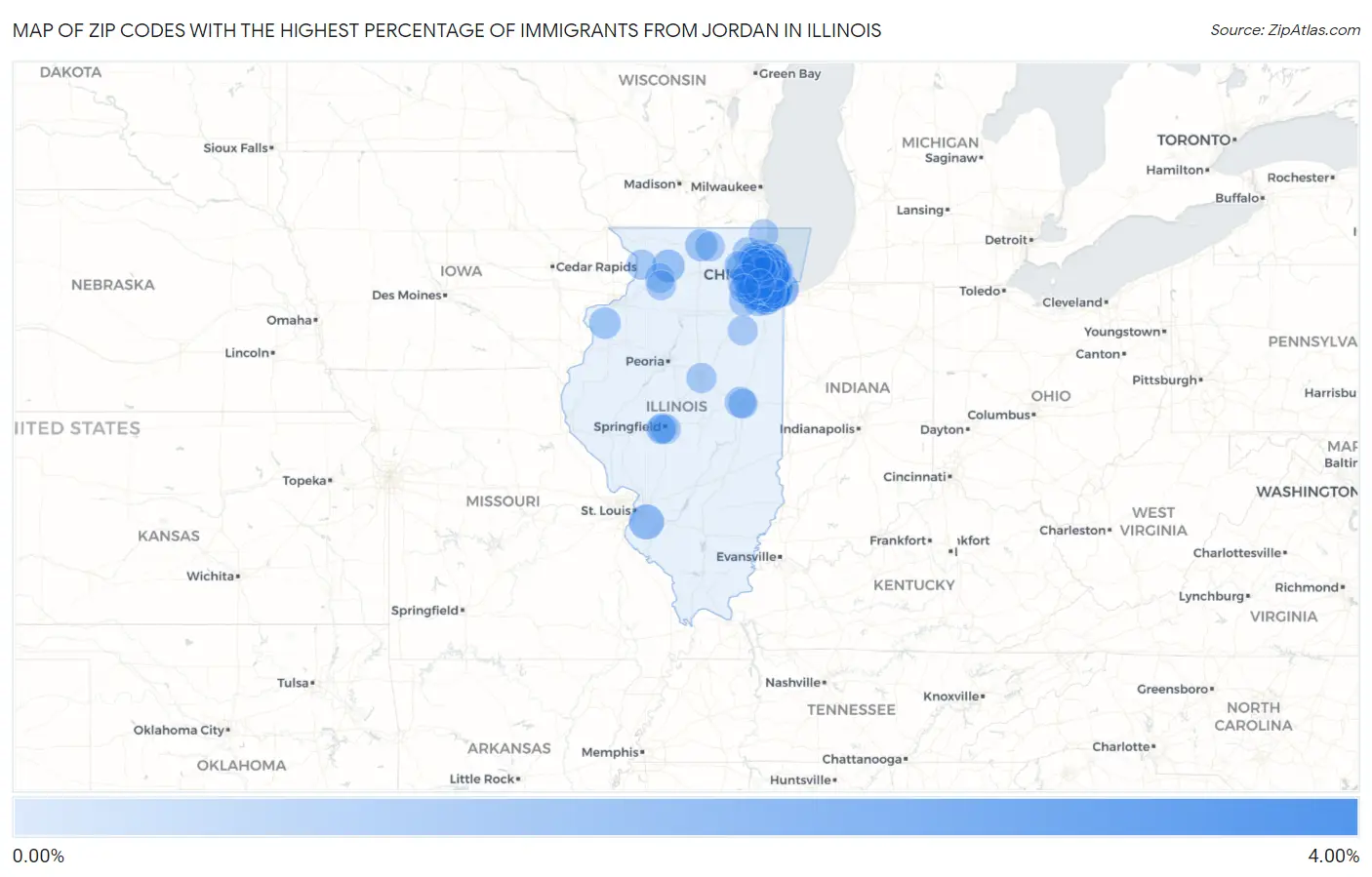 Zip Codes with the Highest Percentage of Immigrants from Jordan in Illinois Map