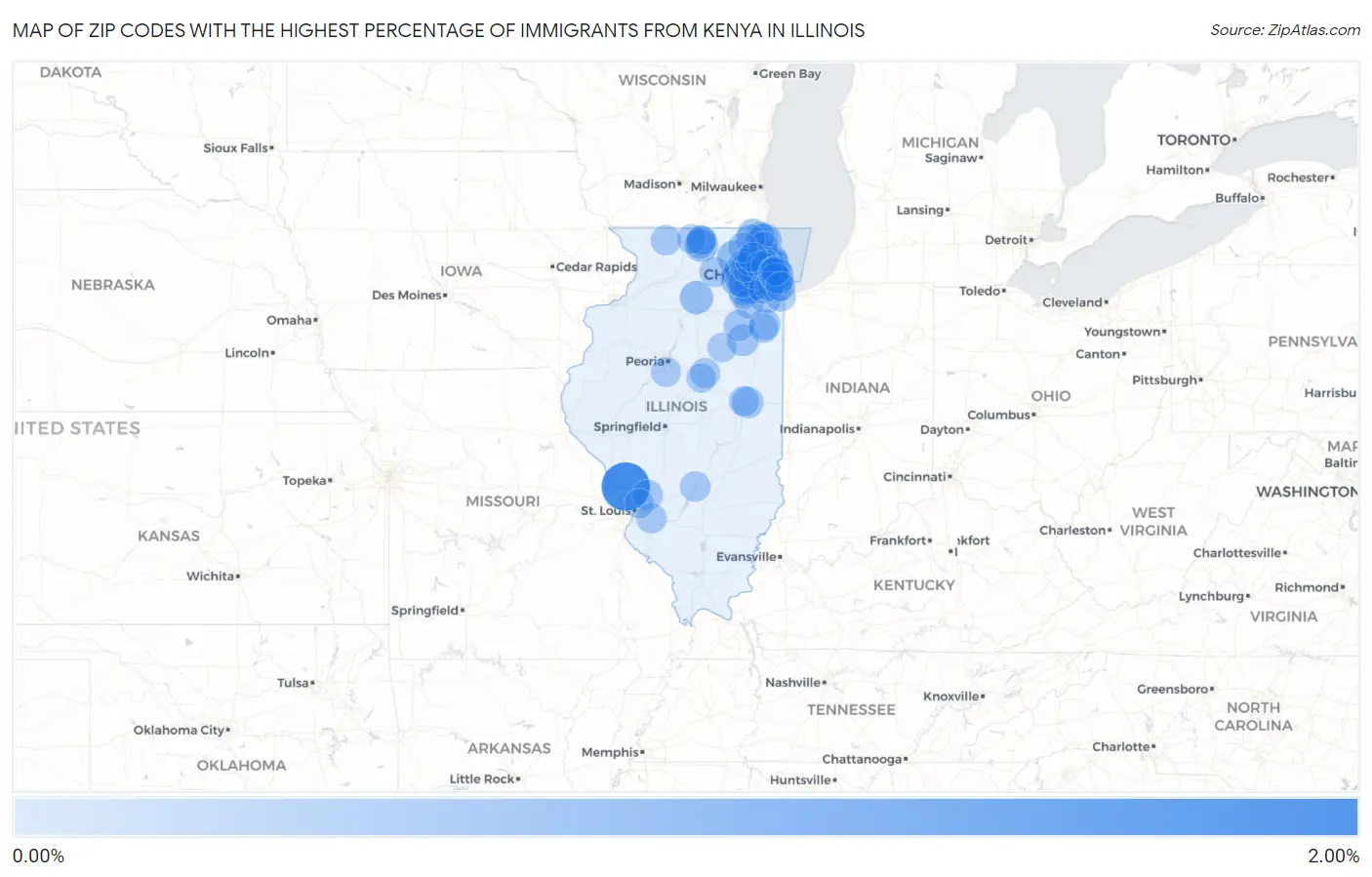 Zip Codes with the Highest Percentage of Immigrants from Kenya in Illinois Map