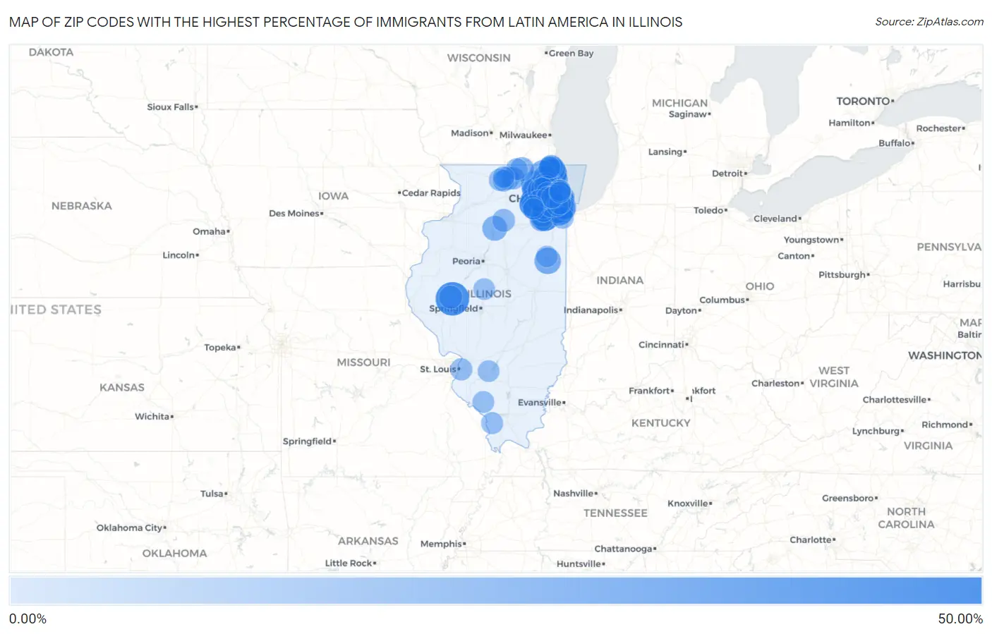 Zip Codes with the Highest Percentage of Immigrants from Latin America in Illinois Map