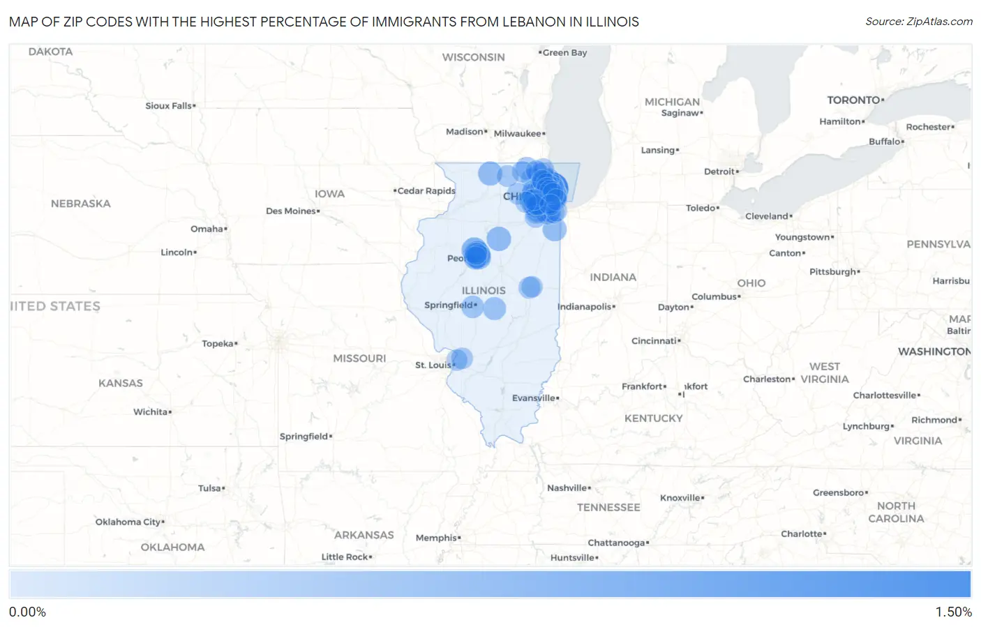 Zip Codes with the Highest Percentage of Immigrants from Lebanon in Illinois Map