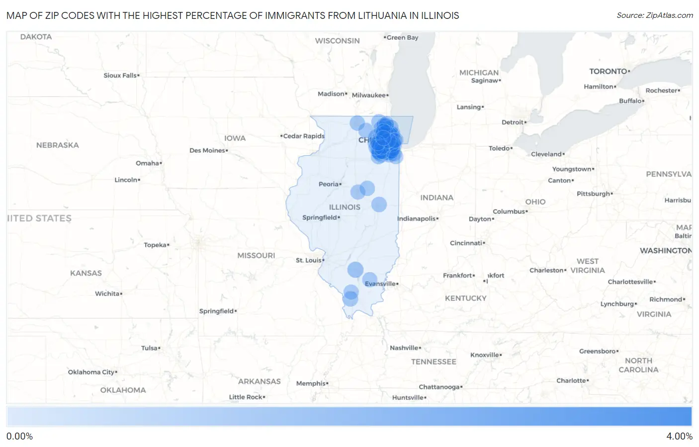 Zip Codes with the Highest Percentage of Immigrants from Lithuania in Illinois Map