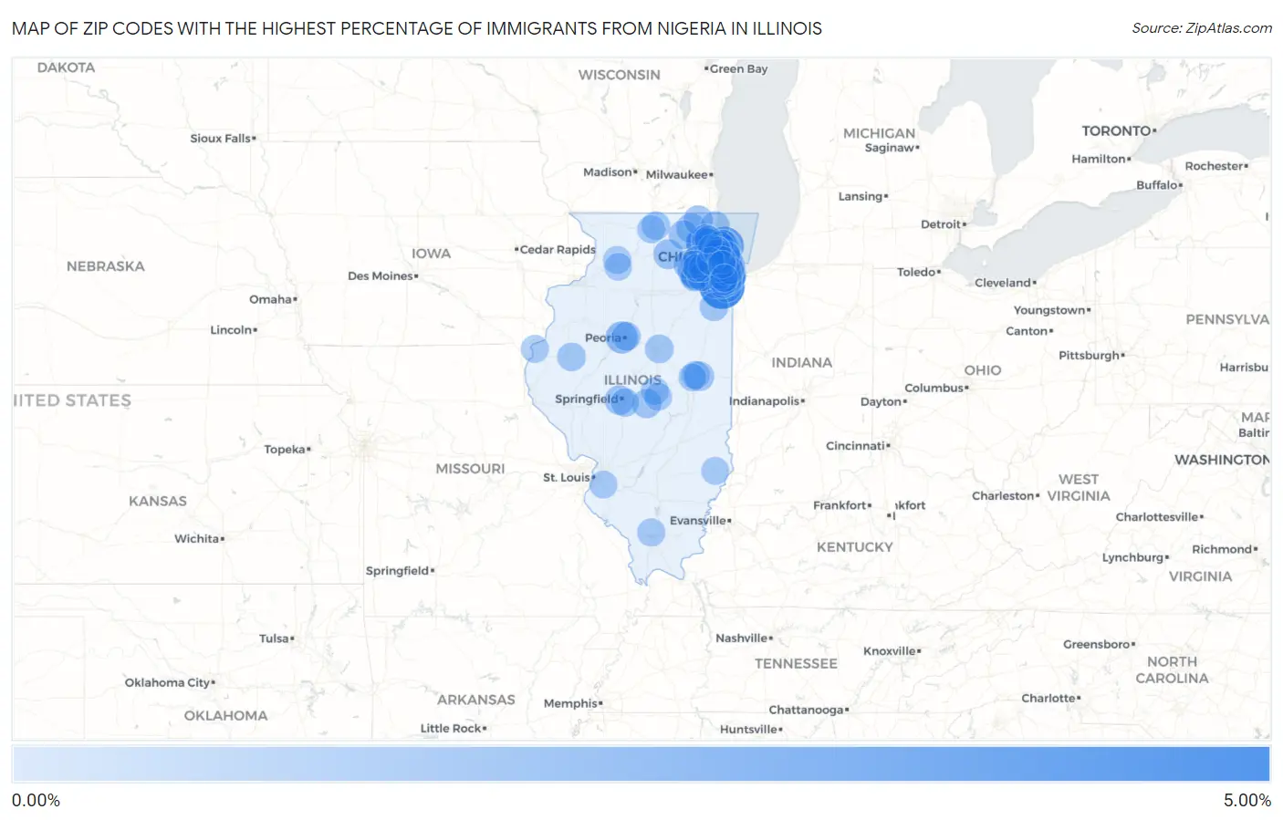 Zip Codes with the Highest Percentage of Immigrants from Nigeria in Illinois Map