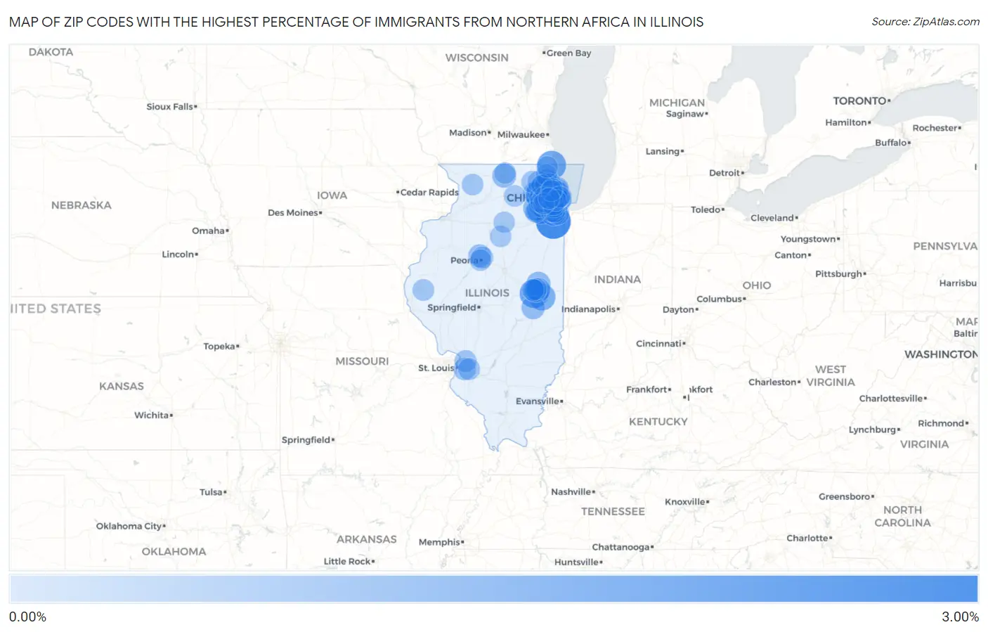Zip Codes with the Highest Percentage of Immigrants from Northern Africa in Illinois Map