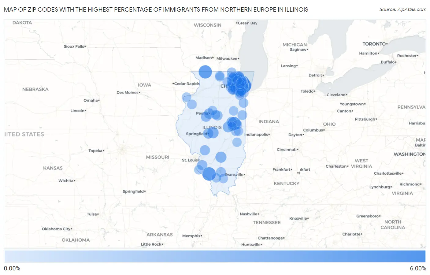 Zip Codes with the Highest Percentage of Immigrants from Northern Europe in Illinois Map