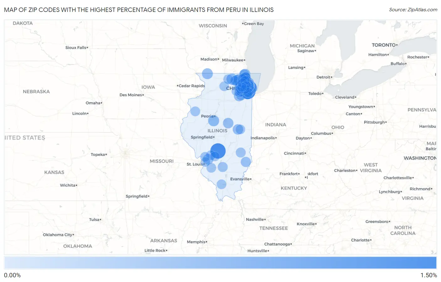 Zip Codes with the Highest Percentage of Immigrants from Peru in Illinois Map