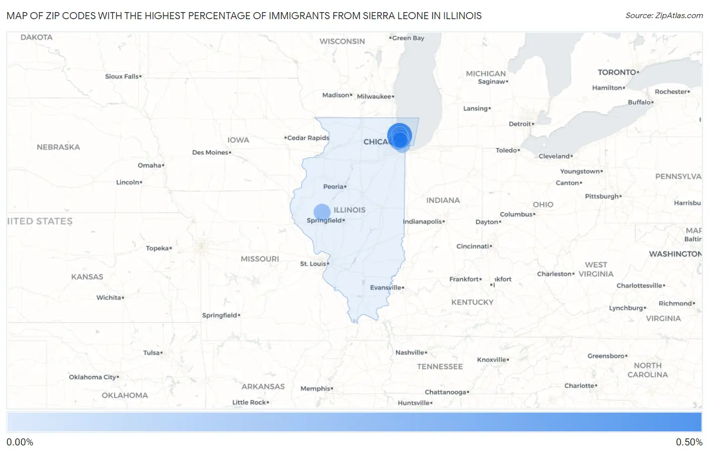 Zip Codes with the Highest Percentage of Immigrants from Sierra Leone in Illinois Map